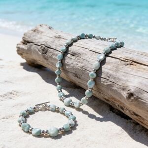 Larimar Raw 4mm Sterling Silver Beaded Necklace and Bracelet Set